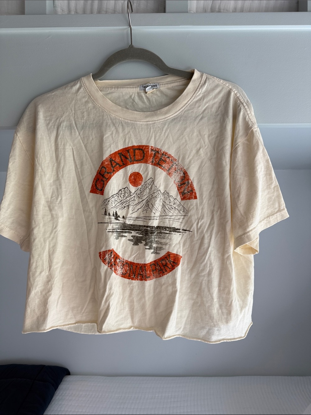 Vintage-Style Cream Graphic Crop Tee with Orange Print
